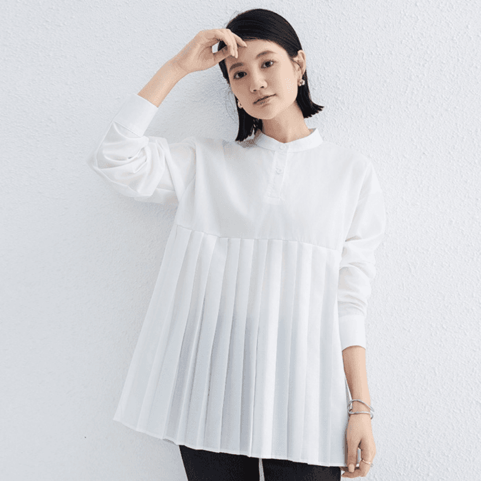 骨格ナチュラルミドル丈プリーツシャツ