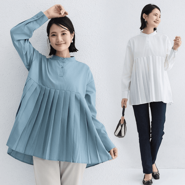 骨格ナチュラルミドル丈プリーツシャツ