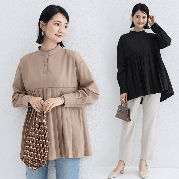 骨格ナチュラルミドル丈プリーツシャツ