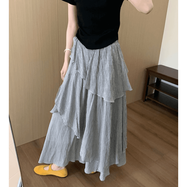 骨格ナチュラル格子柄ヘムフリルスカート