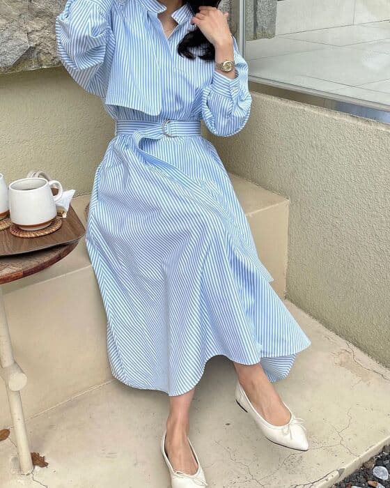 骨格ナチュラルストライプウエストマークシャツワンピース
