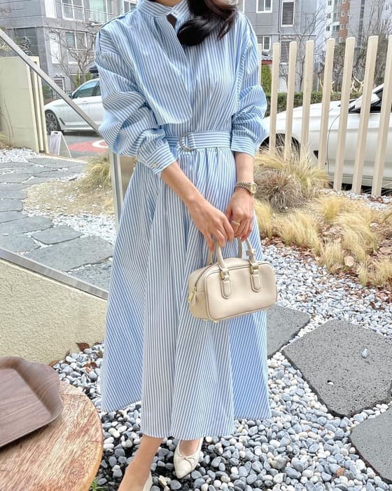 骨格ナチュラルストライプウエストマークシャツワンピース