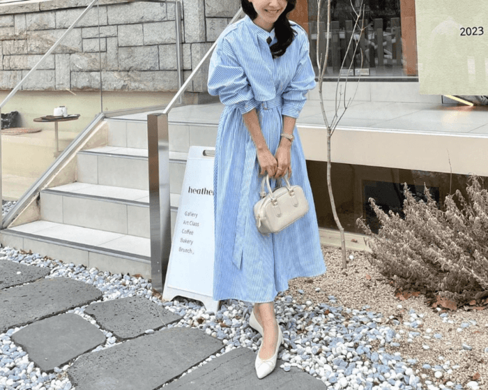 骨格ナチュラルストライプウエストマークシャツワンピース