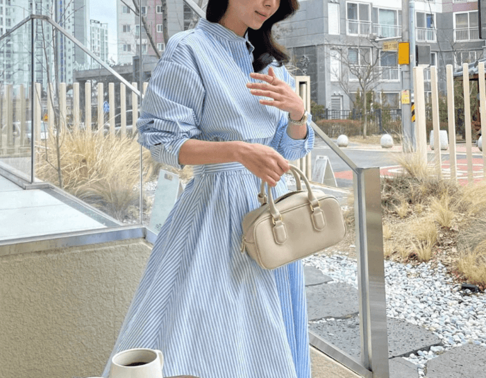 骨格ナチュラルストライプウエストマークシャツワンピース