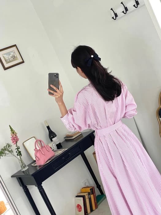 骨格ナチュラルストライプウエストマークシャツワンピース