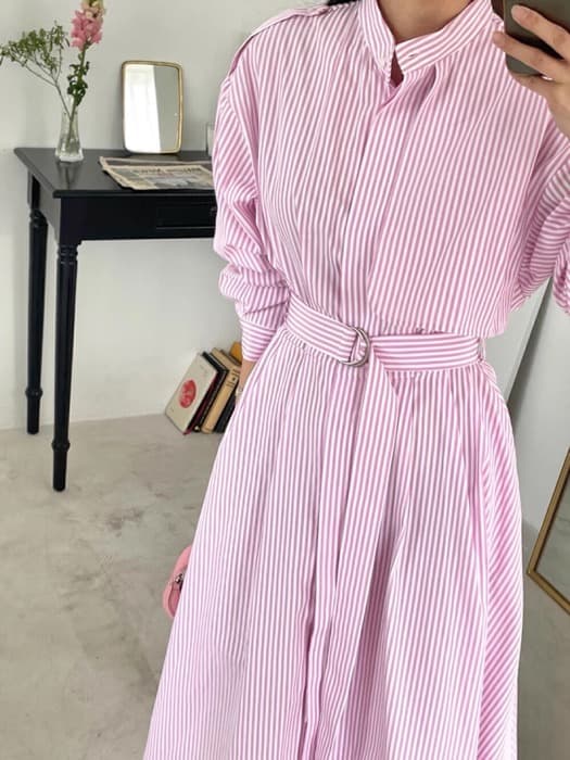 骨格ナチュラルストライプウエストマークシャツワンピース