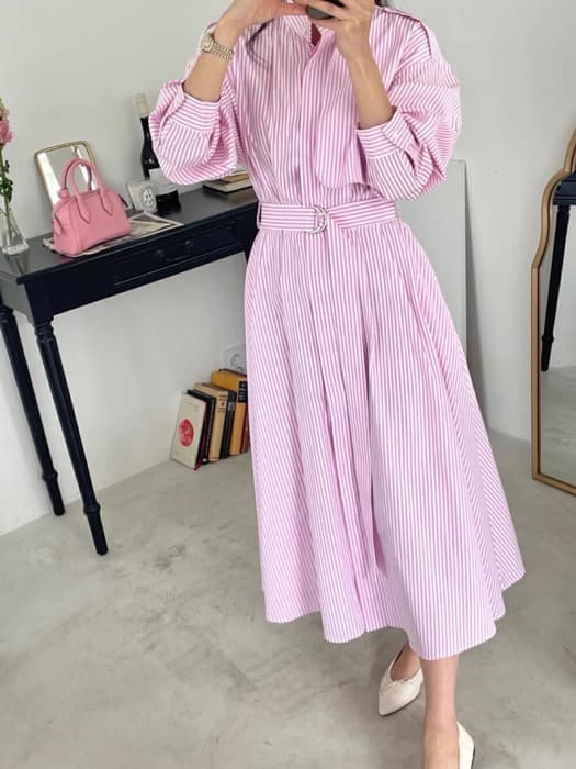 骨格ナチュラルストライプウエストマークシャツワンピース