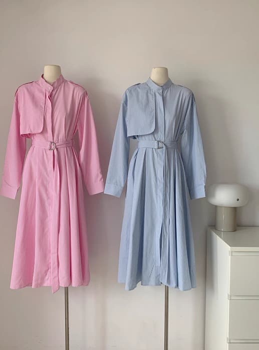 骨格ナチュラルストライプウエストマークシャツワンピース