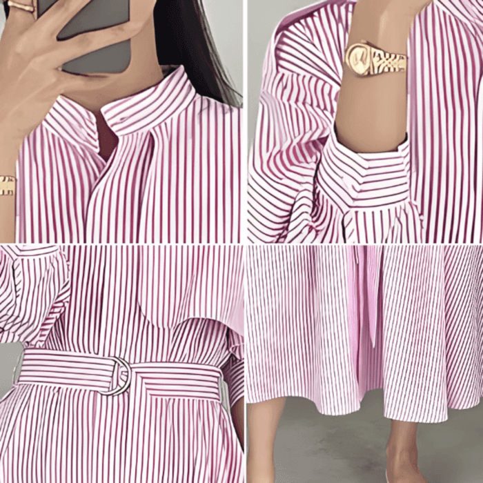 骨格ナチュラルストライプウエストマークシャツワンピース