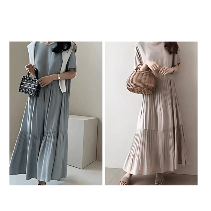 骨格ナチュラル半袖ティアードプリーツロングワンピース