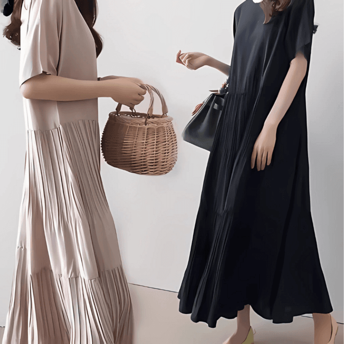 骨格ナチュラル半袖ティアードプリーツロングワンピース