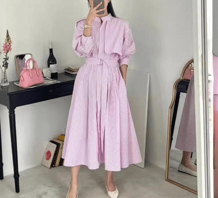 骨格ナチュラルストライプウエストマークシャツワンピース