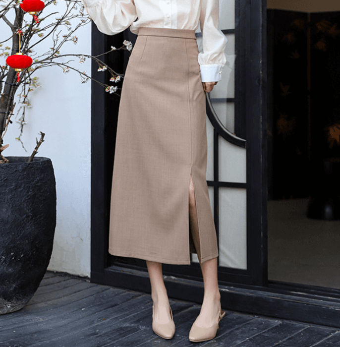 骨格ナチュラルスリットIラインロングスカート
