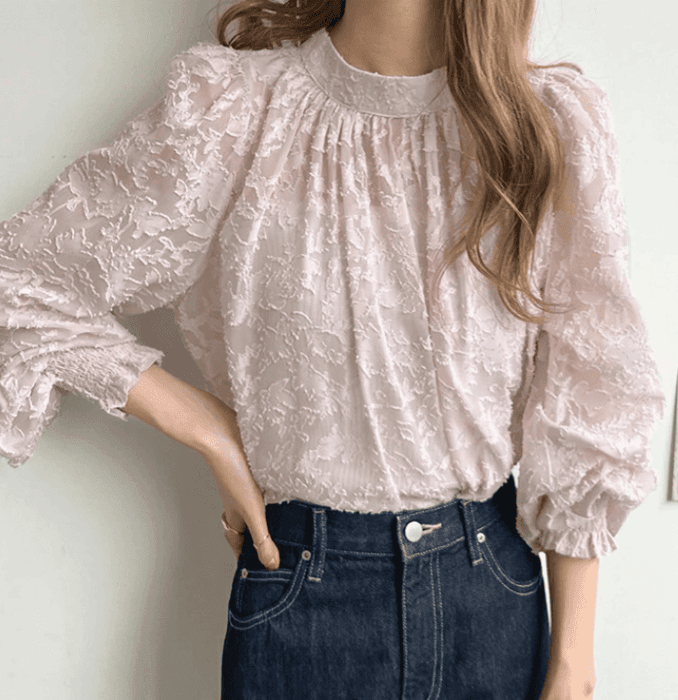 骨格ナチュラルシアー花柄ブラウストップス