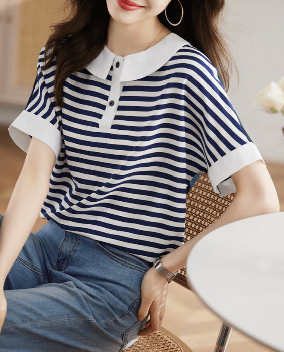 骨格ナチュラル襟付きボーダーTシャツトップス
