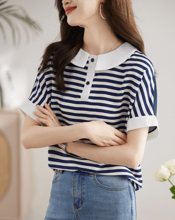 骨格ナチュラル襟付きボーダーTシャツトップス