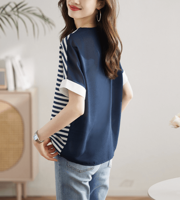 骨格ナチュラル襟付きボーダーTシャツトップス