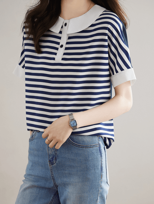 骨格ナチュラル襟付きボーダーTシャツトップス