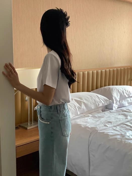 骨格ナチュラルパールポケットストレートデニムパンツ