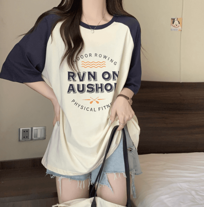 骨格ナチュラル配色ラグランロゴTシャツ