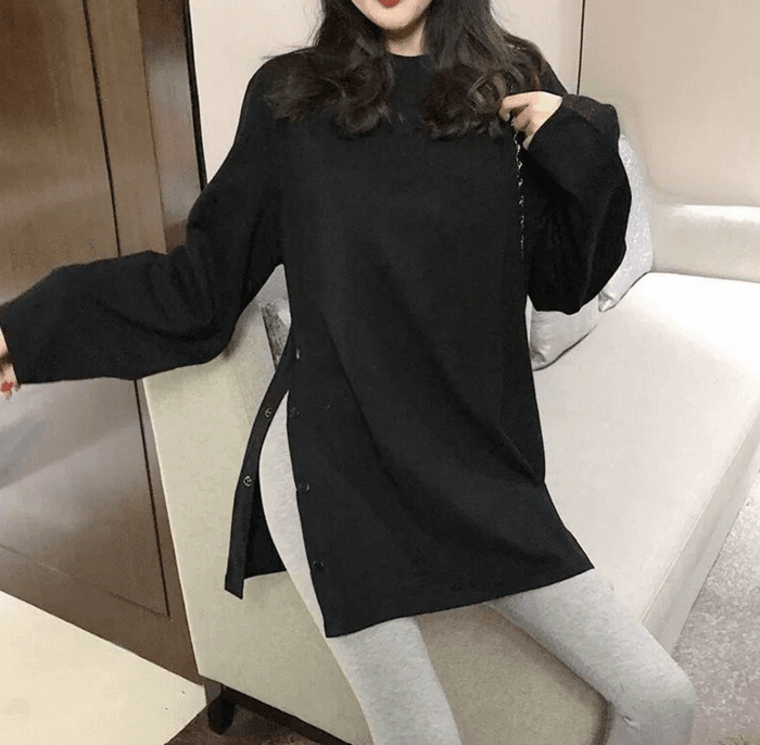 骨格ナチュラルサイドボタンデザインロンT