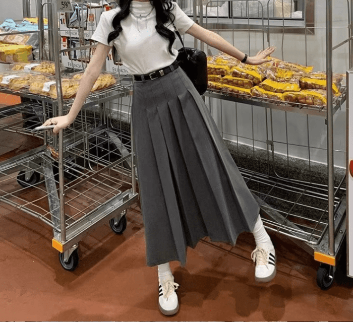 骨格ナチュラルウエストすっきりAラインプリーツスカート