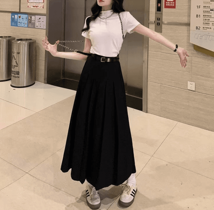 骨格ナチュラルウエストすっきりAラインプリーツスカート