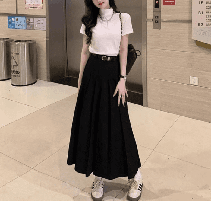 骨格ナチュラルウエストすっきりAラインプリーツスカート