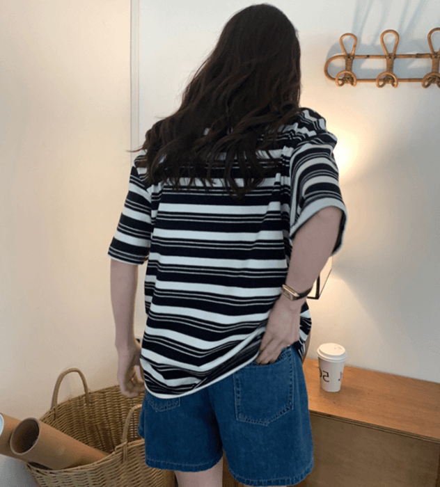 骨格ナチュラルレトロスタイルストライプ半袖Tシャツ