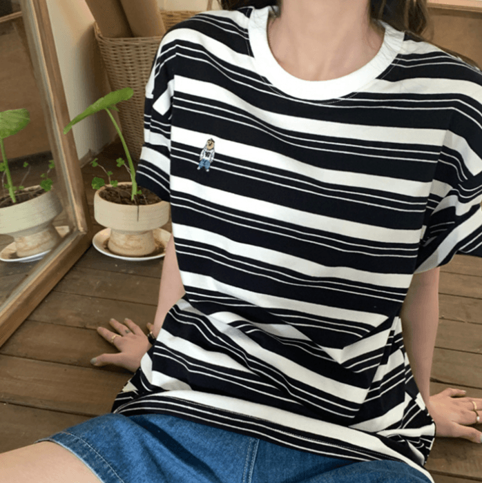 骨格ナチュラルレトロスタイルストライプ半袖Tシャツ