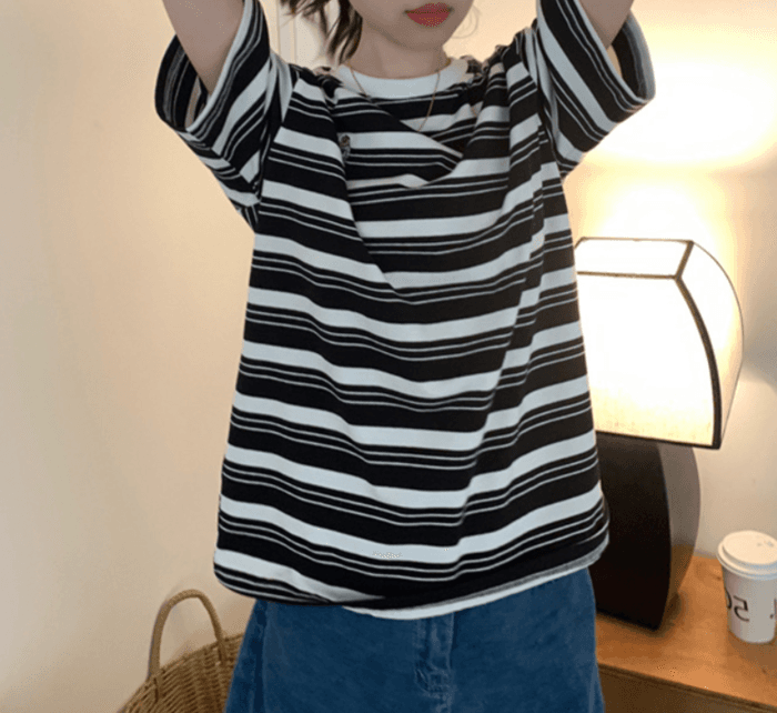 骨格ナチュラルレトロスタイルストライプ半袖Tシャツ