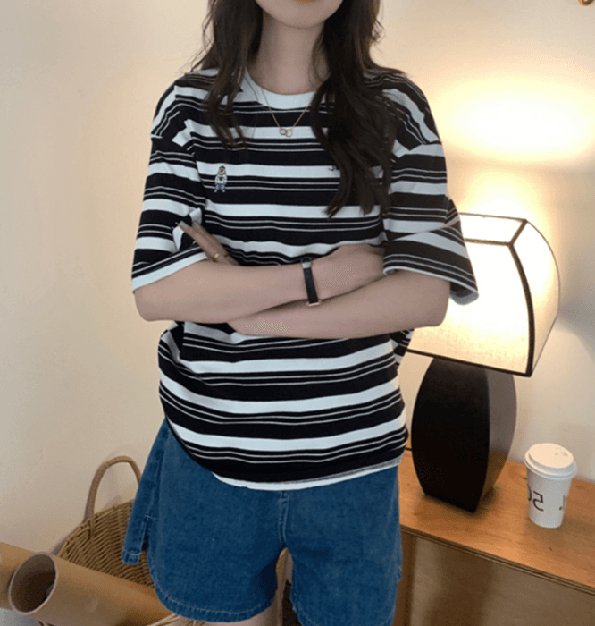 骨格ナチュラルレトロスタイルストライプ半袖Tシャツ