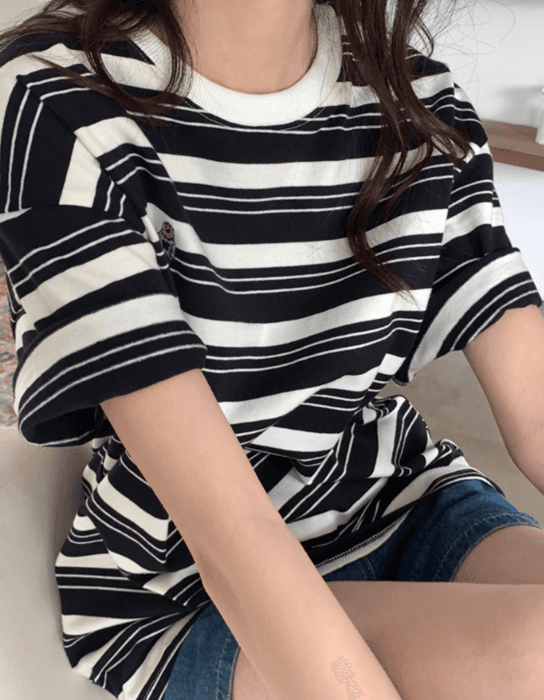 骨格ナチュラルレトロスタイルストライプ半袖Tシャツ