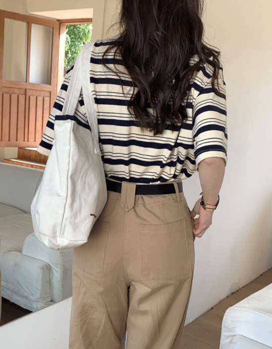 骨格ナチュラルレトロスタイルストライプ半袖Tシャツ