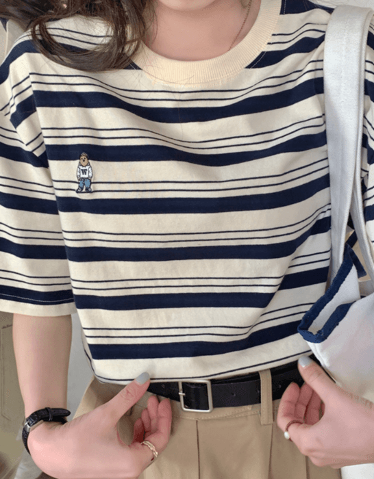 骨格ナチュラルレトロスタイルストライプ半袖Tシャツ