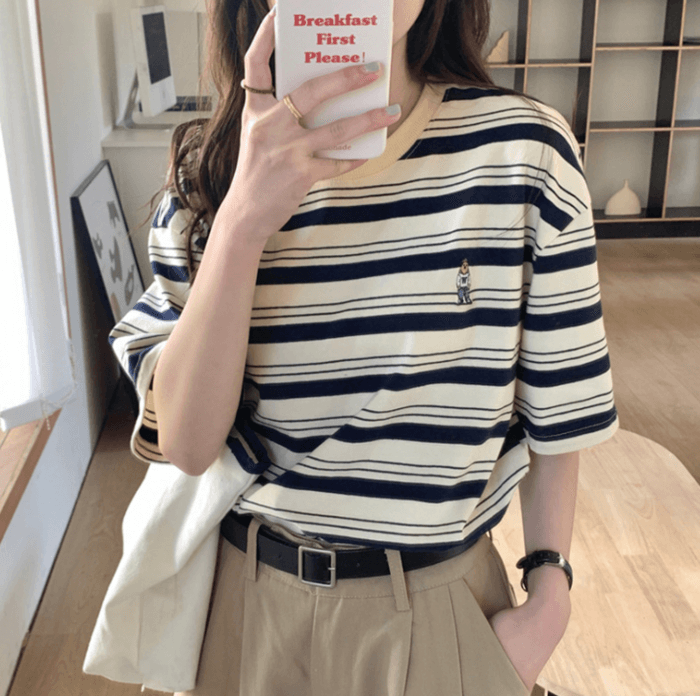 骨格ナチュラルレトロスタイルストライプ半袖Tシャツ