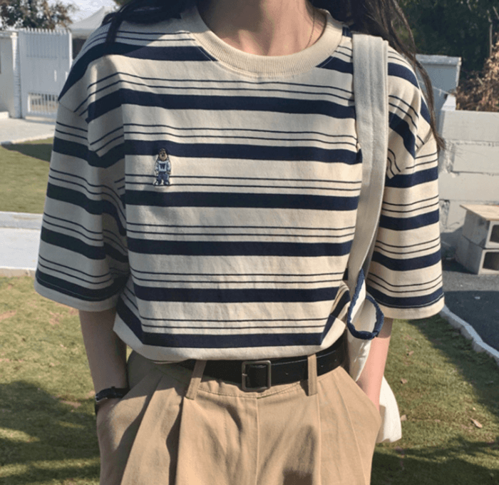 骨格ナチュラルレトロスタイルストライプ半袖Tシャツ