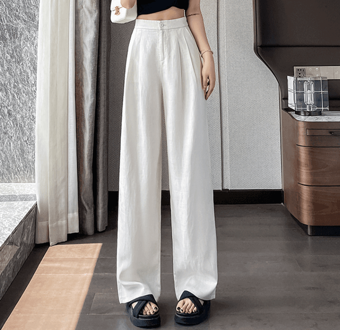 骨格ナチュラルタック入りリネンワイドパンツ