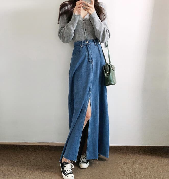 骨格ナチュラルフロントスリットデニムスカート