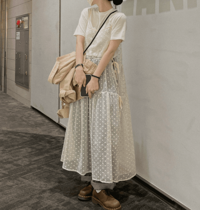 骨格ナチュラルドットチュールティアードロングキャミソールワンピース