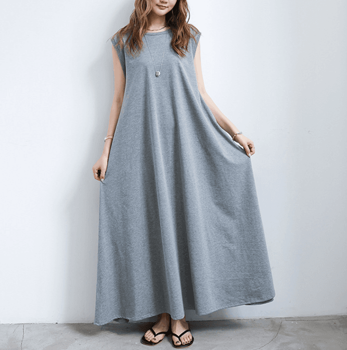 骨格ナチュラルAラインリラックスフレンチスリーブロングワンピース