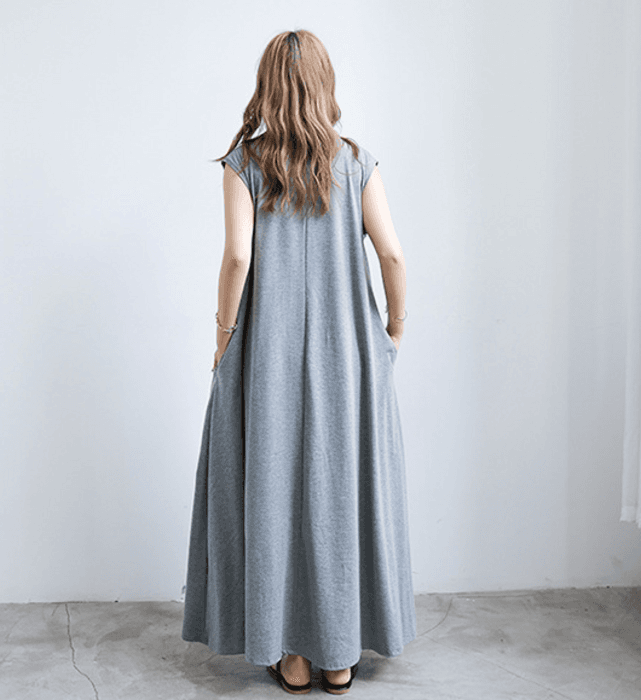 骨格ナチュラルAラインリラックスフレンチスリーブロングワンピース