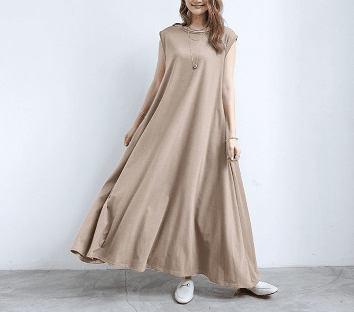 骨格ナチュラルAラインリラックスフレンチスリーブロングワンピース