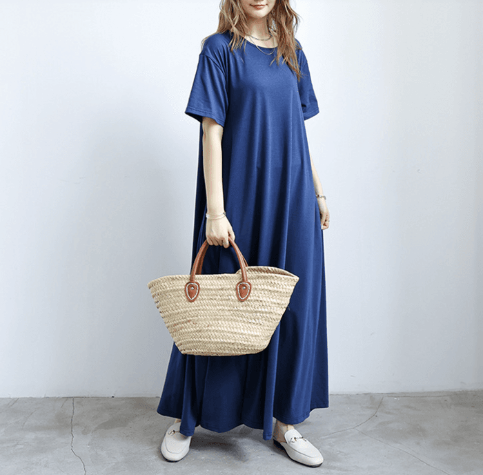 骨格ナチュラルAラインリラックス半袖スリーブロングワンピース