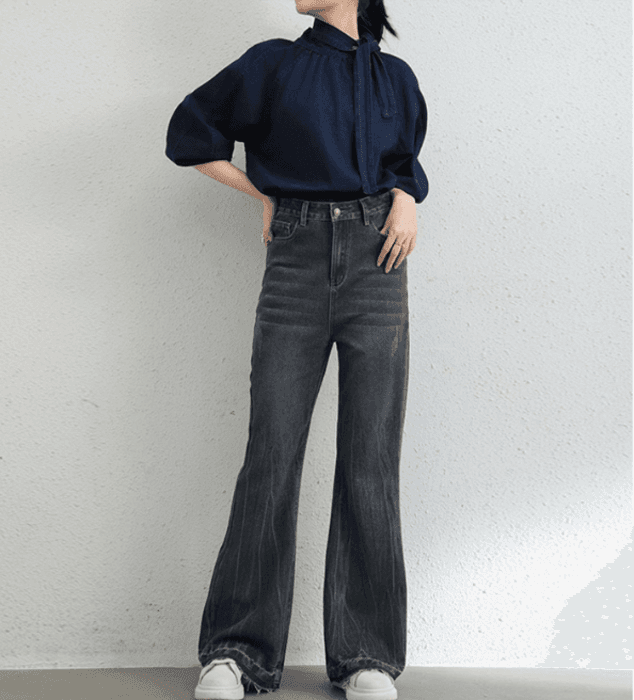 骨格ナチュラルワイドレッグデニムパンツ