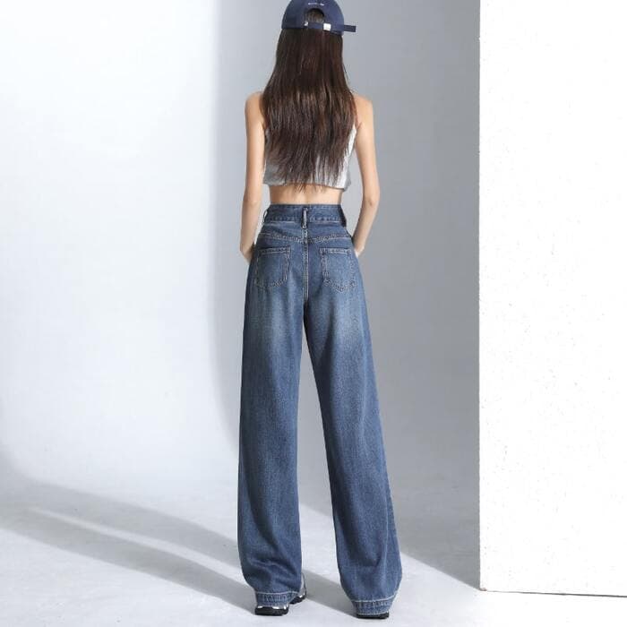 骨格ナチュラルWボタン美脚ワイドレックデニムパンツ