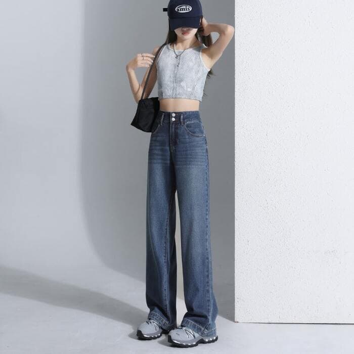 骨格ナチュラルWボタン美脚ワイドレックデニムパンツ