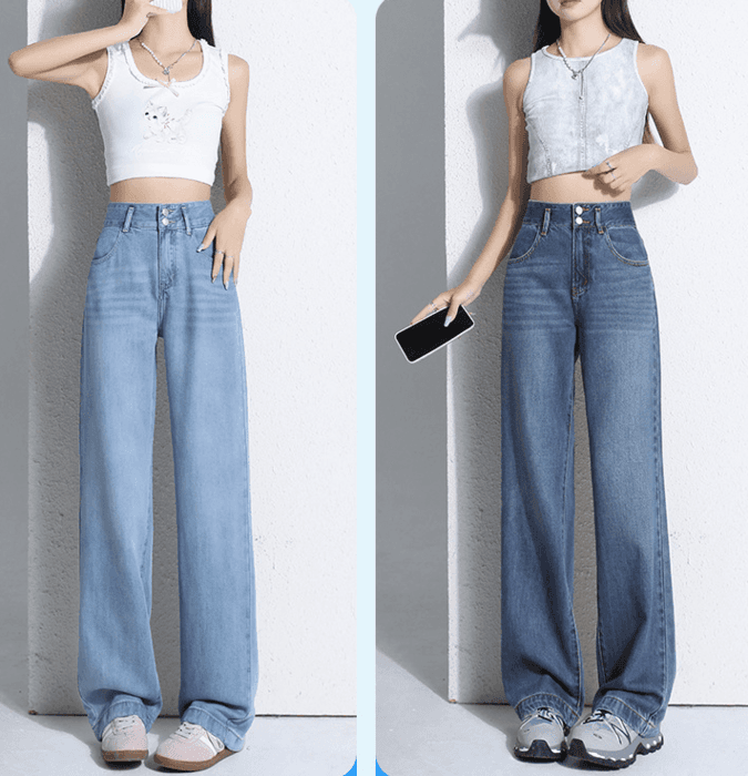 骨格ナチュラルWボタン美脚ワイドレックデニムパンツ