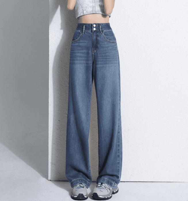 骨格ナチュラルWボタン美脚ワイドレックデニムパンツ