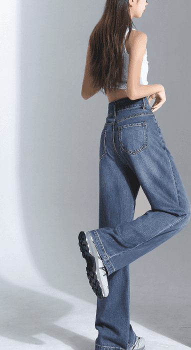 骨格ナチュラルWボタン美脚ワイドレックデニムパンツ